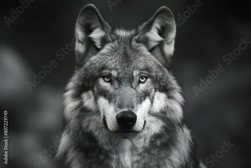 Portrait of a gray wolf in black and white, Animal portrait