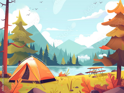 Explore the forest camping landing page template featuring flat illustrations on a tourist bureau website  perfect for outdoor recreation enthusiasts. Ideal for promoting summer tourism on web banners