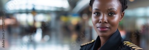 Portrait of a confident female pilot in aviation uniform captures her professionalism and strength, shot with a blurred airport background photo