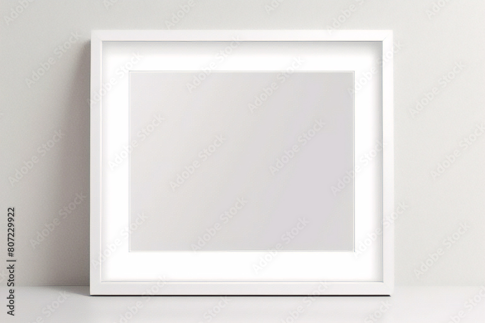 Minimales, leeres, quadratisches Bild mit weißem Rahmen, das auf einem weißen Wandhintergrund mit Fensterlicht und Schatten hängt. Bild isolieren