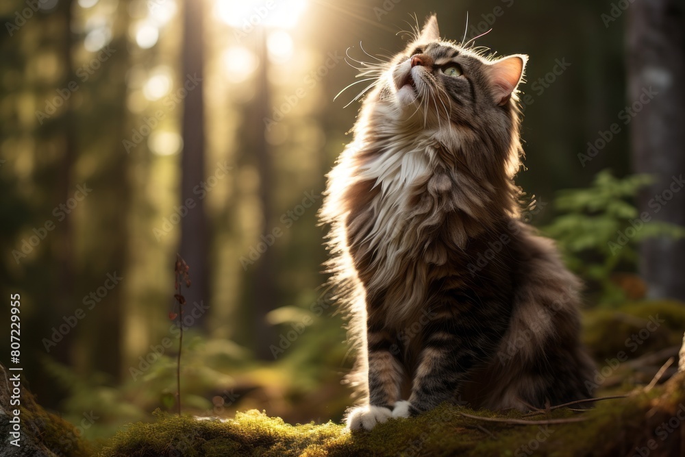 Fototapeta premium Studio portrait photography of a funny norwegian forest cat scratching on forest background