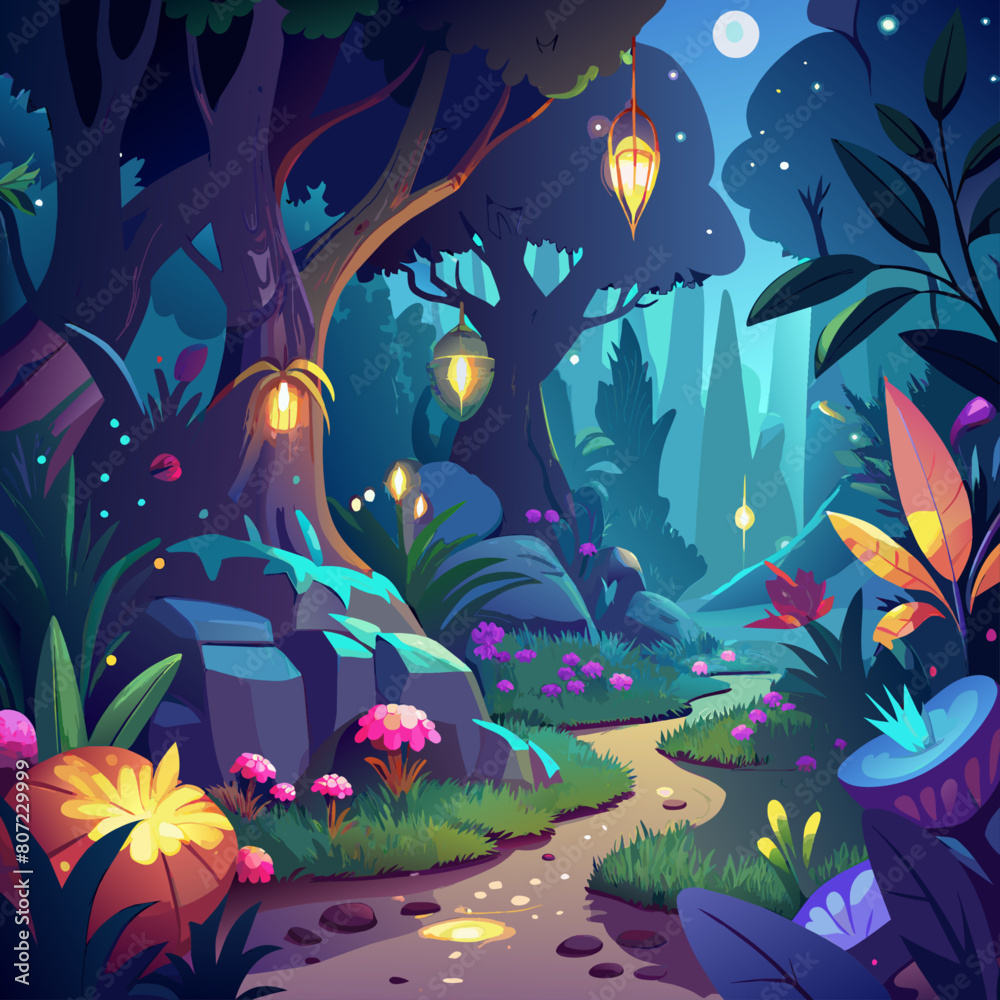 landscape with flowers, Enchanted forest scenes with glowing fauna and flora for fantasy or children story backgrounds.