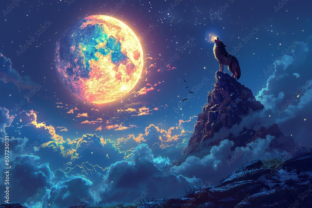 Wolf howling at the full moon on the mountain,   rendering