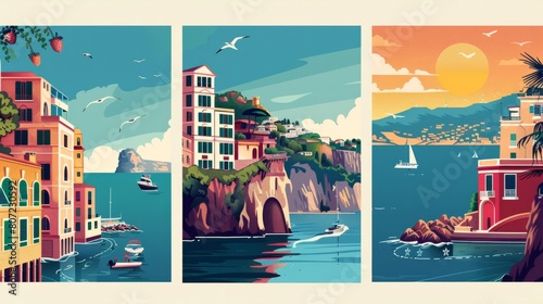 Set of Italy Travel Destination Posters in retro style. Naples, Sorrento seascape digital prints. European summer vacation, holidays concept. Vintage vector colorful illustrations. hyper realistic  photo