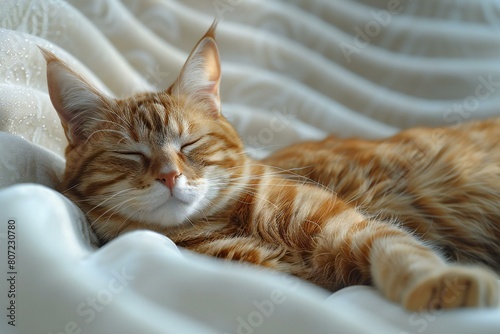 Cute ginger cat sleeping on bed at home, close-up