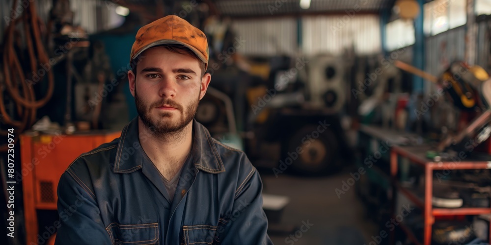 Serious young man with a safety helmet in a cluttered workshop, depicting industry and skilled labor Serious young man with a safety helmet in a cluttered workshop, depicting industry and skilled labor