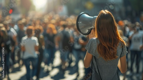 Social dissatisfaction and protest concept with large crowd protesting in the street with focus on loud speaker in woman's hand hyper realistic  photo