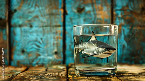 Mini shark navigating a confined space in a water-filled glass, on a rustic wooden table photo