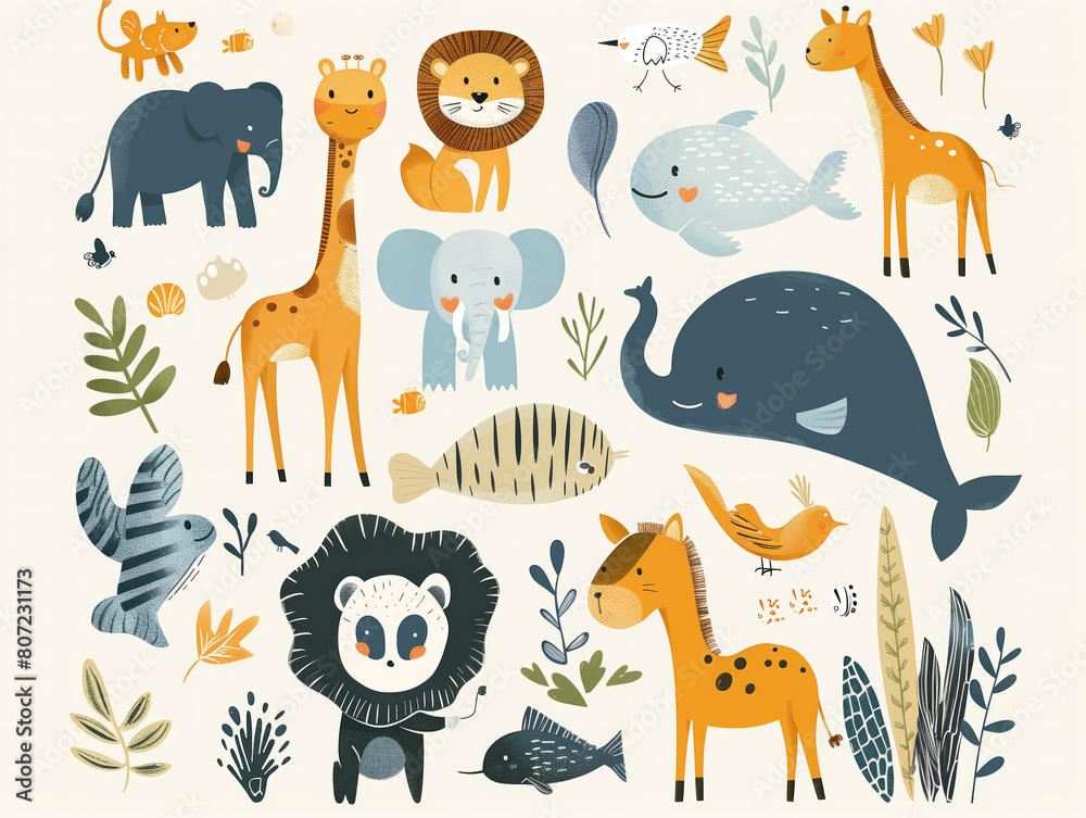 Fototapeta premium Explore a charming selection of animals, fish, and birds in modern vector art. From the elegant giraffe to the powerful lion, each creature is beautifully illustrated. Also included are the clever fox