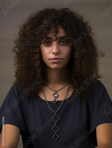 Portrait of a brunette woman with a curly hair and a necklace on