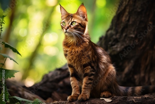 Full-length portrait photography of a smiling havana brown cat back-arching while standing against forest background