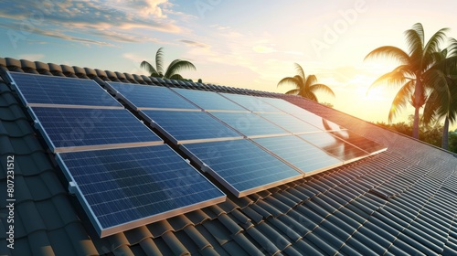 Sun shining on solar panels on top of a roof, photovoltaic as environmental friendly alternative for generating energy hyper realistic 