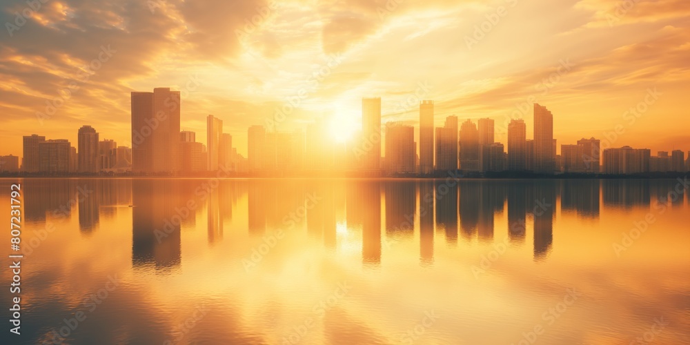 Obraz premium A serene city skyline reflects beautifully on the calm water against the backdrop of a breathtaking sunset