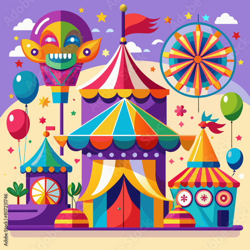 Brightly colored carnival scenes with festive decorations for party or event invitations.