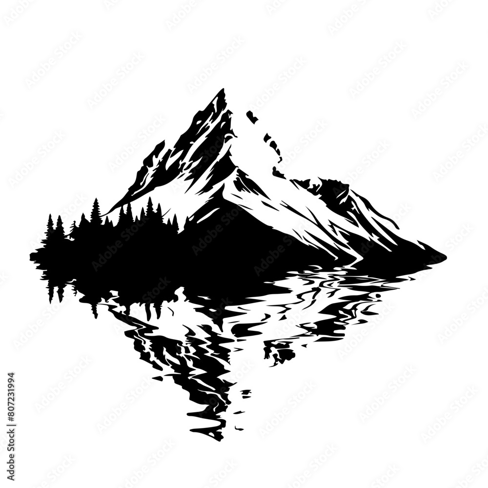Mountain range with trees reflected in water