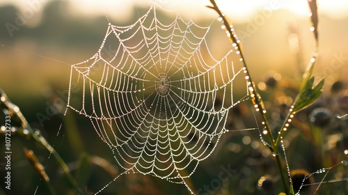 A dew-covered spider web glistening in the early morning light, showcasing its intricate structure.