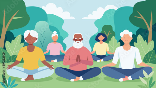 Elderly individuals peacefully meditate in a clearing of the forest during a naturefocused fitness class.. Vector illustration