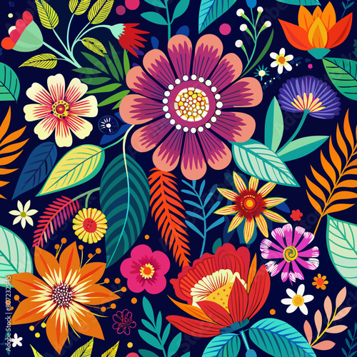 Bright floral patterns on dark backgrounds for elegant textile designs or digital wallpapers.