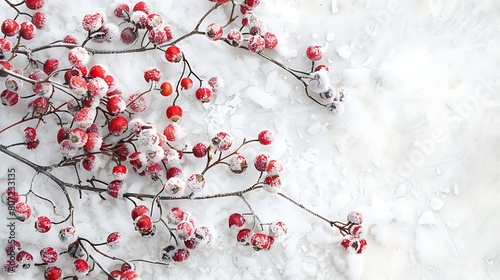 Winter berries covered in a dusting of snow, adding a pop of color to the otherwise monochromatic white background. © Khan