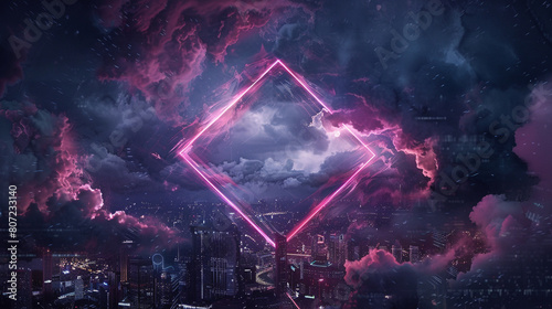 A futuristic depiction of a glowing magenta rhombus frame, surrounded by swirling, tempestuous storm clouds over a dark cityscape at night, emphasizing a blend of urban photo