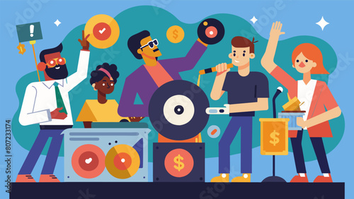 An event where the music never stops as eager bidders vie for coveted vinyl records to support music education. Vector illustration