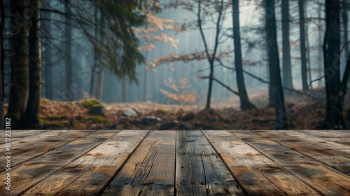 Wooden table top with copy space. Forest background hyper realistic 