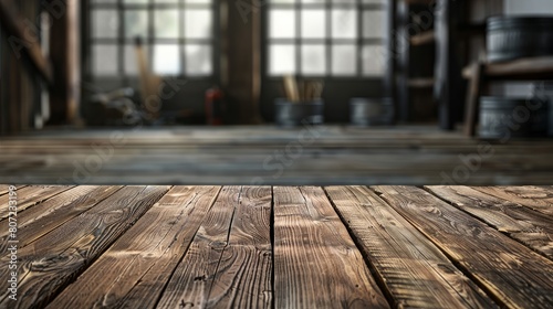 Wooden table top with copy space. Workshop background hyper realistic  photo