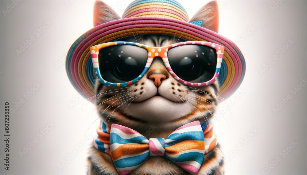 3D image of a funny party cat wearing a colorful summer hat and stylish sunglasses, white background.