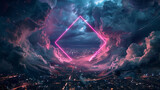 A futuristic depiction of a glowing magenta rhombus frame, surrounded by swirling, tempestuous storm clouds over a dark cityscape at night, emphasizing a blend of urban 