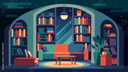Tucked away in the secondhand bookshop the reading nook offers a peaceful escape from the noise and bustle of the city.. Vector illustration