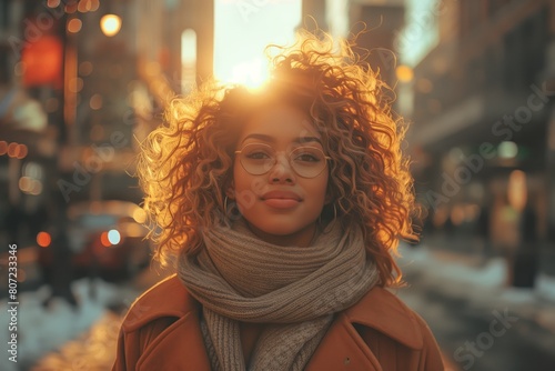 Stylish young woman with curly hair in winter
