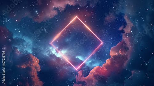 A futuristic neon rhombus frame suspended in a starry night sky, with dramatic storm clouds gathering around, the geometric shape emitting a radiant light that pierces the darkness, photo
