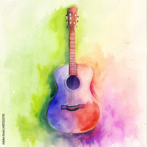 bright colorful watercolor acoustic guitar illustration. music festival, concert, event poster. square aspect ratio