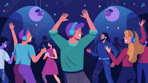 As the night comes to an end the room becomes quieter but the energy remains as the silent disco goers continue to dance to the last few songs. Vector illustration