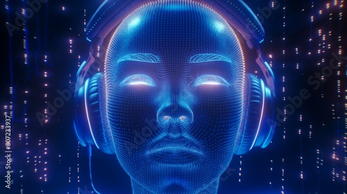  Glowing binary code constructs a human face adorned with sleek headphones, evoking the essence of AI in digital harmony
