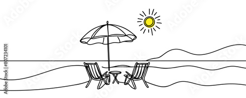 Beach umbrella and two chairs in one continuous line drawing.