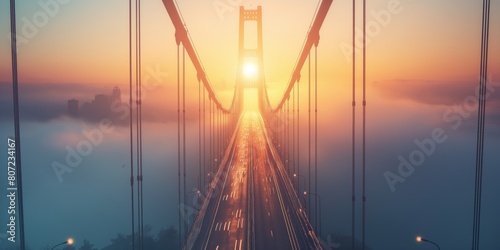 Majestic Golden Gate Bridge is bathed in the warm glow of sunrise, partially shrouded in mysterious fog photo