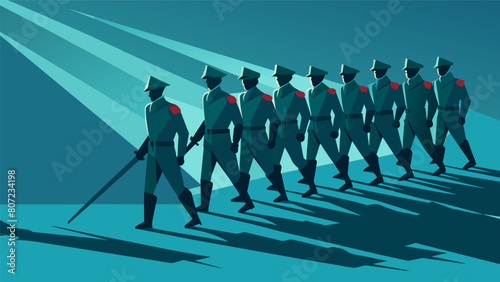 A group of soldiers march in formation their long shadows stretching out in front of them a visual representation of their powerful and intimidating.