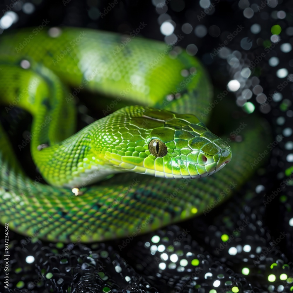 Fototapeta premium green snake on a background of black sequins.
