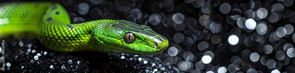Obraz premium green snake on a background of black sequins.