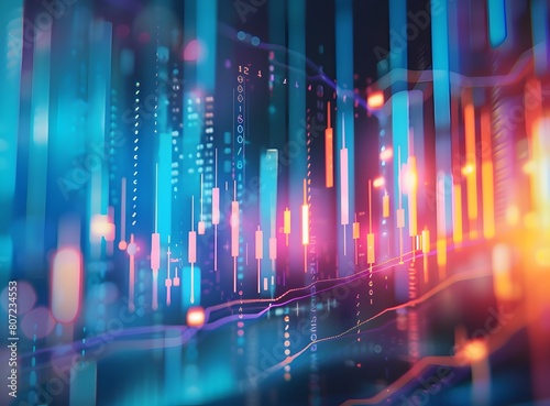 stock market graph with candlestick charts and dynamic lines of trading, set against an abstract blue-toned background