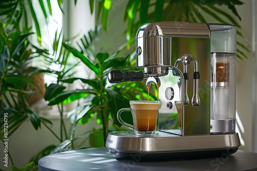 Modern stainless steel coffee machine with a glass of espresso on a wooden table