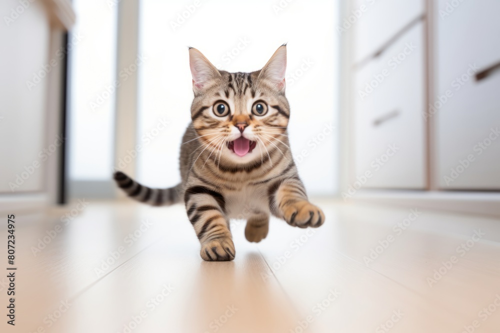 Environmental portrait photography of a happy american shorthair cat running on minimalist or empty room background