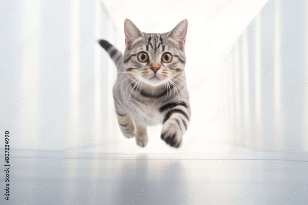 Environmental portrait photography of a happy american shorthair cat running on minimalist or empty room background