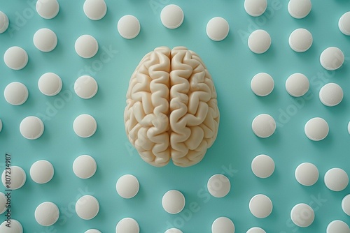 Artistic Representation of the Human Brain Amidst Pills