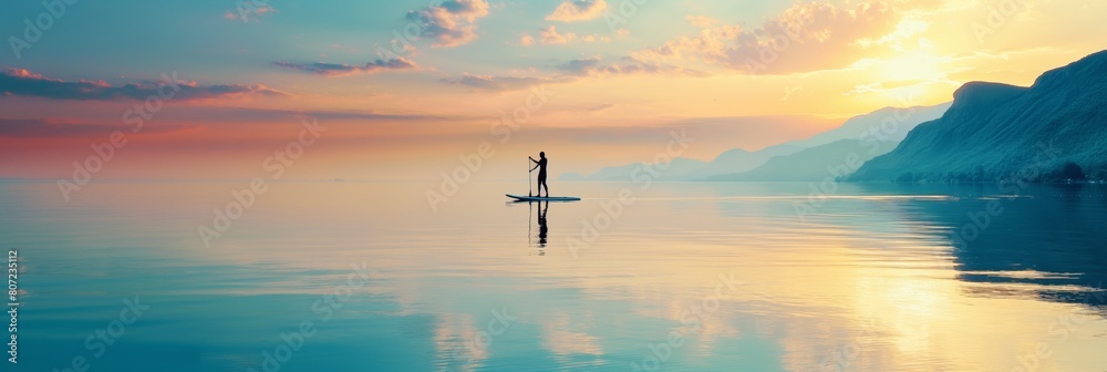 Fototapeta premium A tranquil scene of a person paddleboarding on calm waters with a beautiful sunset and hazy mountains background
