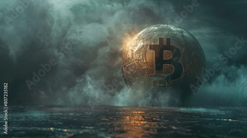 Visual metaphor of a Bitcoin emblem on a sphere, gradually fading into mist, financial crisis looming photo