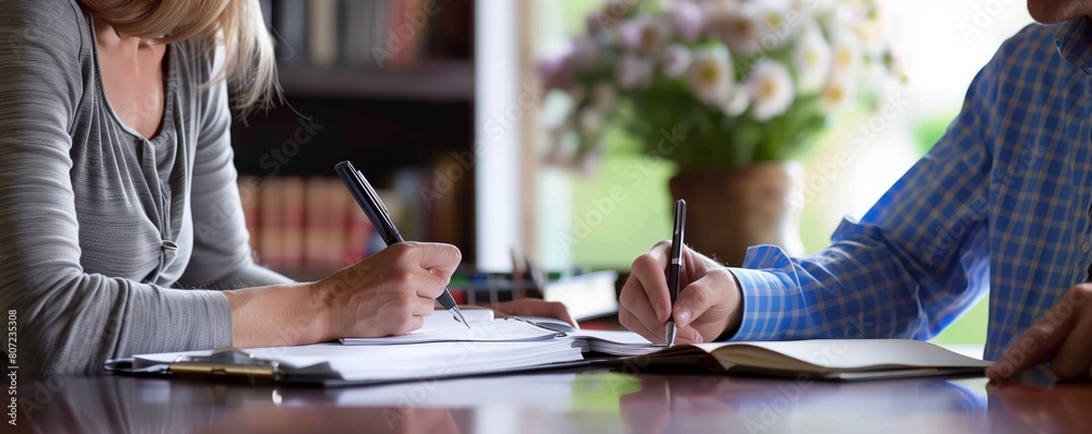 Two people writing together with blurred faces Two people writing together with blurred faces