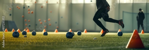 An action shot of a football player training with intense agility drills amidst cones on a sunlit indoor turf photo