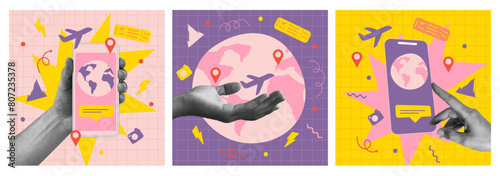 Trendy Halftone Collage Hand holding Mobile Phone, plane, Location Pin. Online tracking. Contemporary art with position element. Delivery route. Choose and find trip. Surreal vector illustration